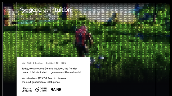 1.34億ドルの調達を発表した「General Intuition」（Image Credit: General Intuition）